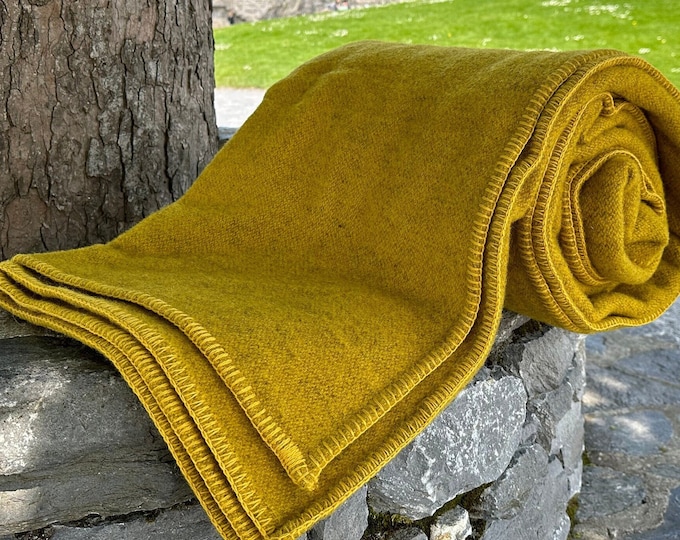 Twin Bed Wool Blanket/Throw - Gorse Yellow/Grey - 70″ x 90″ (178 cm x 229 cm) - 100% Pure New Irish Wool - Thick & Heavy - MADE IN IRELAND