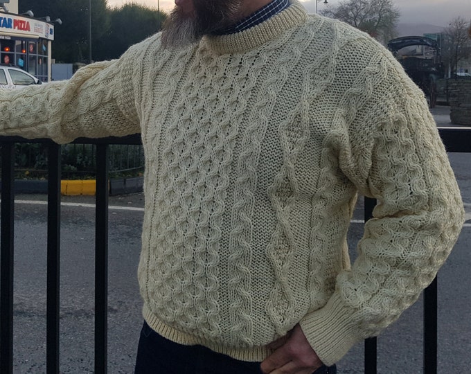 Traditional Aran Sweater - 100% Pure New Wool - Cream - Chunky & Heavy - Proper Irish sweater - MADE IN IRELAND - ready for shipping