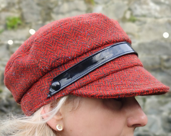 Ladies Tweed Newsboy Hat - red herringbone - 100% pure new wool - HANDMADE IN IRELAND