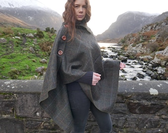 Versatile 3in1 - Irish tweed poncho, cape & shawl - moss green herringbone / over-check - ready for shipping - Handmade in Ireland