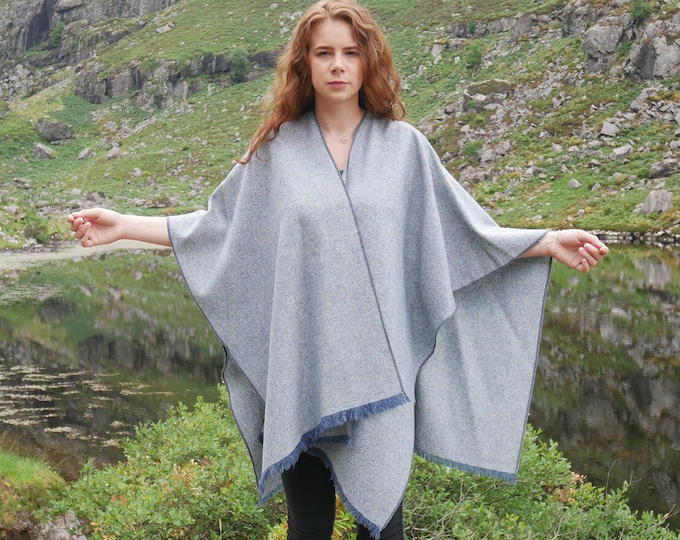 Irish Donegal tweed wool ruana, wrap , arisaid - grey/blue herringbone - 100% Pure New Irish Wool -  HANDMADE IN IRELAND