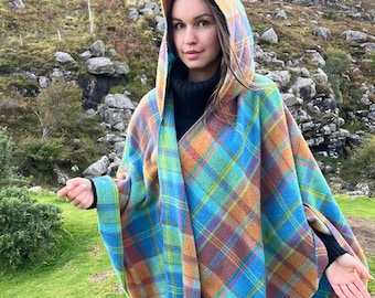 Hooded Irish Pure Supersoft Lambswool Cape, Ruana, Wrap - 100% Pure New Wool - Blue Green Orange Tartan Plaid Check - HANDMADE IN IRELAND