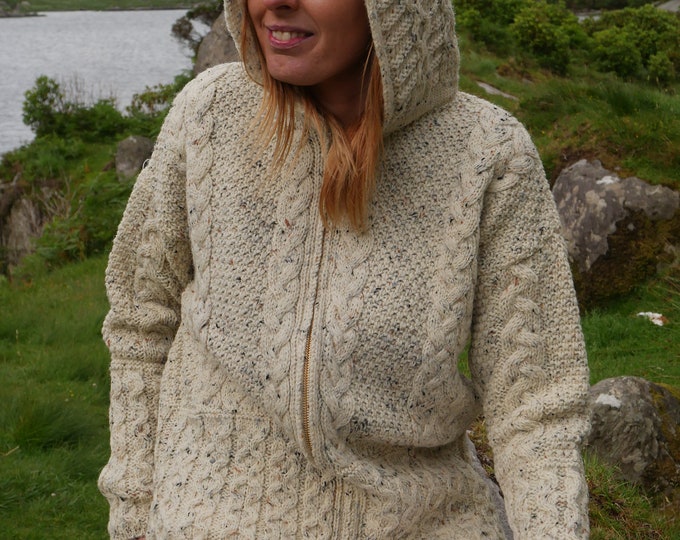 Hooded Aran Zipper Cardigan - Cream Nep / With Fleck - 100% Pure New Wool - Chunky & Heavy - MADE IN IRELAND