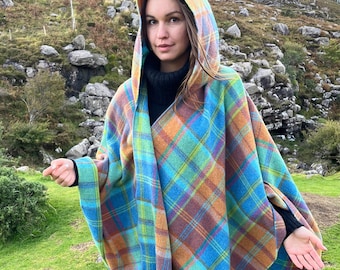 Irish Lambswool Ruana Cape, Blue Green Orange Plaid Wrap, Optional Hood & Brooch