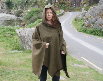 Forest Green Wool Cape Wrap, With or Without Hood, Speckled Irish Donegal Tweed
