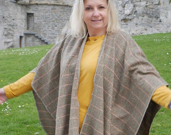 Burette Silk Summer Ruana Wrap, Cape - Light Brown With Green Teal & Light Orange Window Check - For Sensitive Skin - HANDMADE IN IRELAND