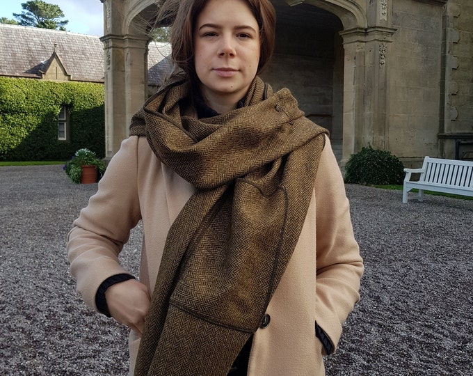 Brown & Bronze Herringbone Wool Shawl with Pin, Irish Tweed Wrap, Handmade in Ireland