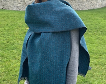 Irish Donegal tweed shawl, oversized scarf, stole, wrap - striped teal  - 100% Pure New Wool - hand fringed - HANDMADE IN IRELAND