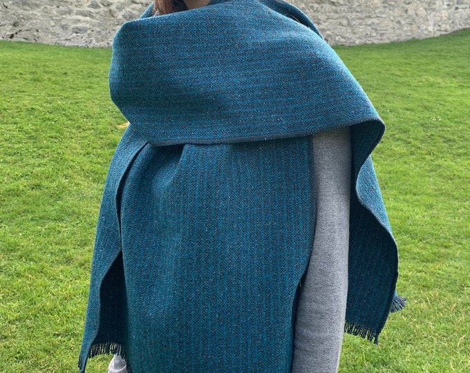 Irish Donegal tweed shawl, oversized scarf, stole, wrap - striped teal  - 100% Pure New Wool - hand fringed - HANDMADE IN IRELAND