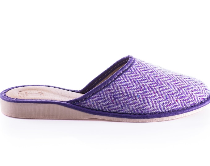 Womens Irish tweed & leather slippers - speckled purple/white herringbone - HANDMADE IN IRELAND