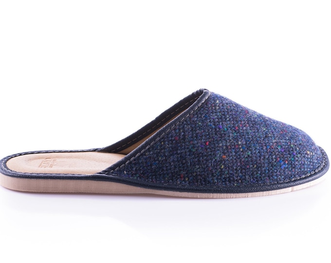 Gents Donegal Tweed Slippers - Navy Fleck - ready for shipping - MADE IN IRELAND