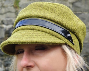 Ladies Tweed Newsboy Hat - lime/olive green - 100% pure new wool - HANDMADE IN IRELAND