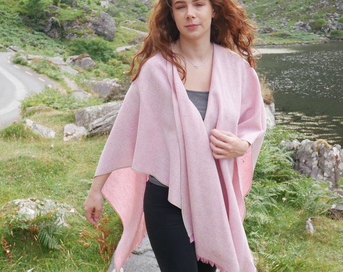 Irish tweed wool ruana,wrap,cape,plaid,coat,arisaid-pink & white chevron-100% wool-lightweight fabric-ready for shipping-HANDMADE IN IRELAND