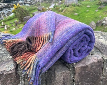 Luxurious Heavy Teasel-Finished 100% Pure New Irish Wool Blanket – Earthy Multicolor Stripes – Mulesing-Free, Handmade in Ireland – 60"x78"