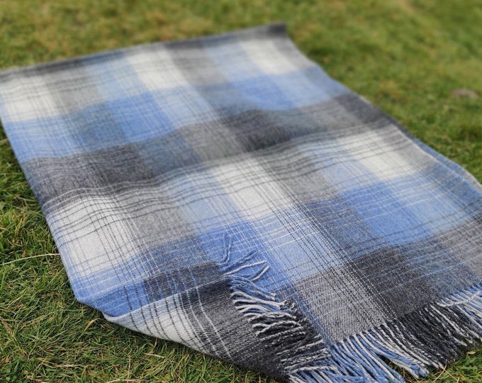 Supersoft Lambswool Blanket / Throw - Grey / Denim  Check - 137x180 cm (54x71'') - 100% Pure New Lambswool - MADE IN IRELAND