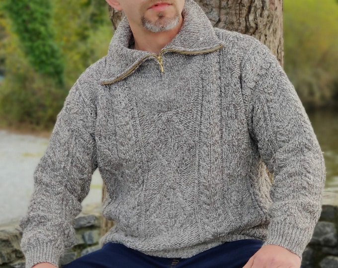 Organic Irish Wool Aran Half Zip Sweater- Oatmeal -Undyed- 100% Pure New Organic Wool -Chunky & Heavy- Proper Aran Sweater - MADE IN IRELAND