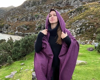 Purple Wine Wool Cape Wrap, With or Without Hood, Irish Donegal Herringbone Tweed
