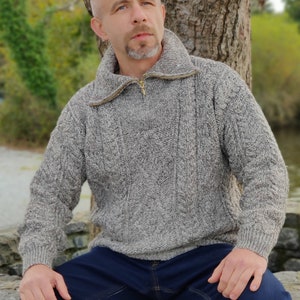 Organic Irish Wool Aran Half Zip Sweater- Oatmeal -Undyed- 100% Pure New Organic Wool -Chunky & Heavy- Proper Aran Sweater - MADE IN IRELAND