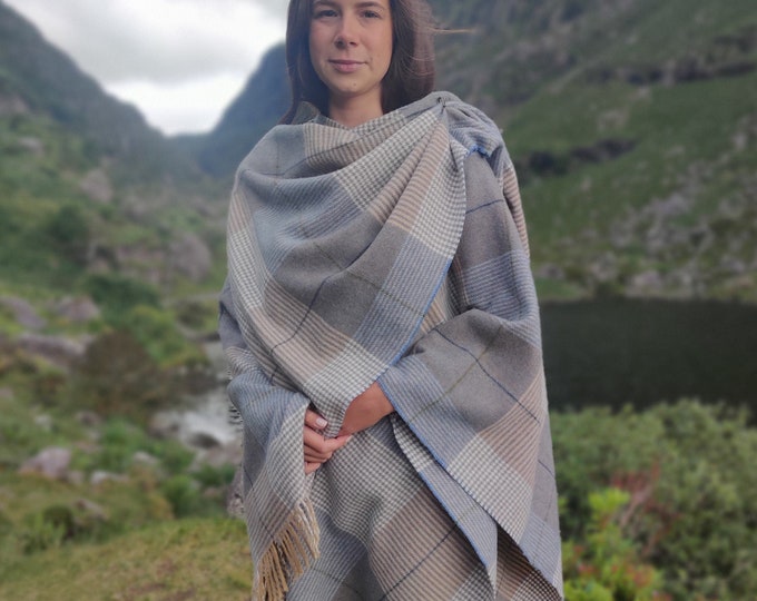 Irish Pure Lambswool Cape, Ruana, Wrap , Shawl - 100% Pure New Wool - Beige/Blue Check - Supersoft - One Size Fits All - HANDMADE IN IRELAND