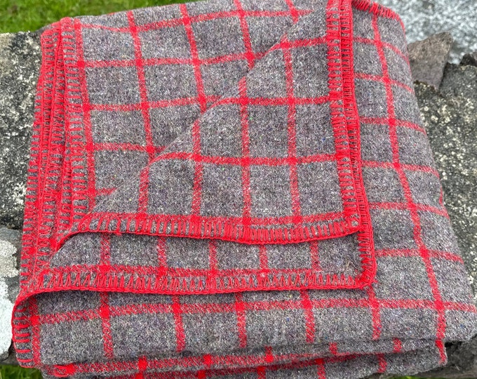 Twin Size Traditional Heavy 100% Pure New Irish Wool Blanket Throw– Red Check Pattern – Mulesing-Free, Handcrafted in Ireland – 70" x 90"" -