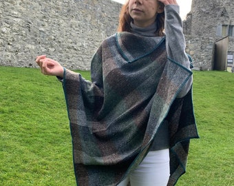 Irish Donegal tweed wool poncho, cape, shawl & skirt - green/teal/brown/beige block check - 100% Pure New Wool - HANDMADE IN IRELAND