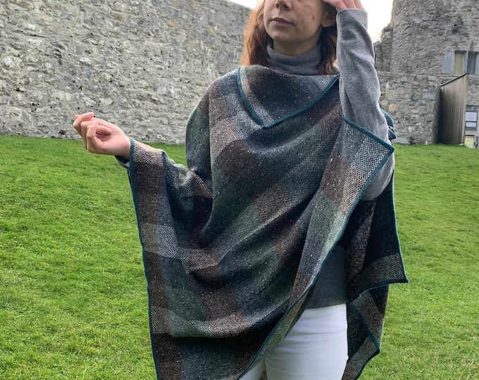 Irish Donegal tweed wool poncho, cape, shawl & skirt - green/teal/brown/beige block check - 100% Pure New Wool - HANDMADE IN IRELAND