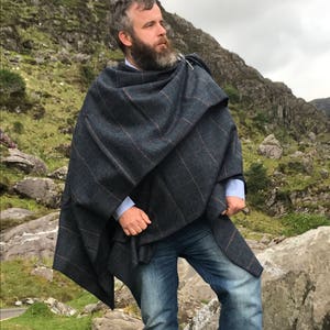 Irish Donegal Tweed Ruana, Wrap, Cape, Rectangle Cloak - Navy Denim Herringbone With Orange/Purple Check - 100% Wool - HANDMADE IN IRELAND