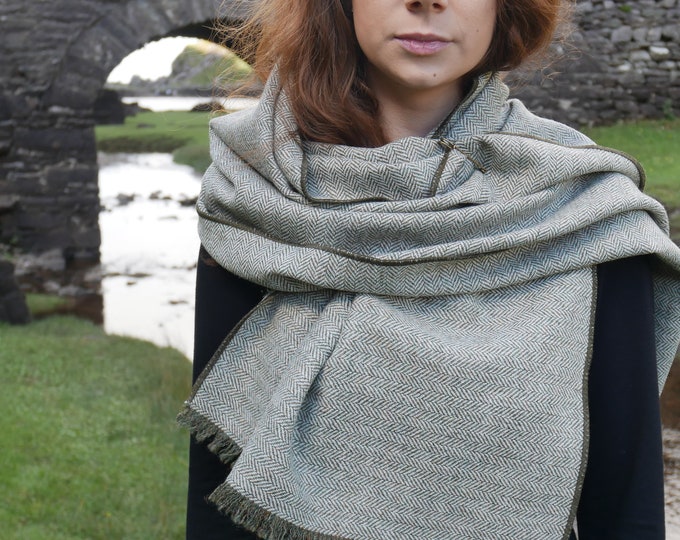 Forest Green Herringbone Wool Shawl with Pin, Irish Tweed Wrap, Handmade in Ireland