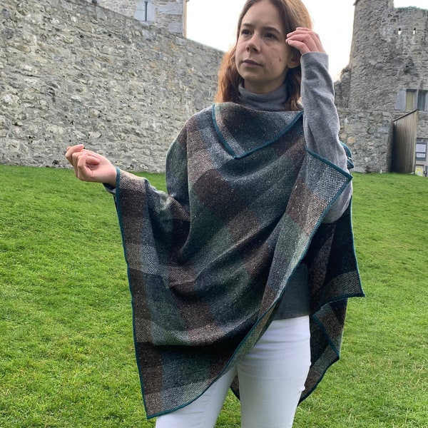Irish Donegal tweed wool poncho, cape, shawl & skirt - green/teal/brown/beige block check - 100% Pure New Wool - HANDMADE IN IRELAND