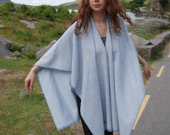 Irish Tweel Woven Wool Ruana, Wrap, Cape - Baby Blue & White Chevron - 100% Pure New Wool - Lightweight - HANDMADE IN IRELAND