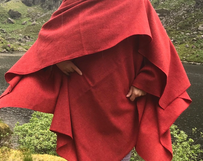 Irish tweed wool ruana, wrap, cape, coat, arisaid- red - lightweight fabric - 100% wool - ready for shipping - HANDMADE IN IRELAND