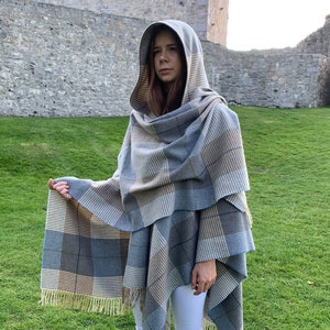 Hooded Supersoft Lambswool Cape, Ruana, Wrap , Shawl 100% Pure New Wool Cream Taupe Denim Check One Size Fits All HANDMADE IN IRELAND image 2