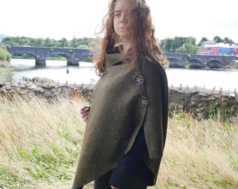 Versatile 3in1-Irish Donegal Tweed Wool Poncho, Cape & Shawl - Speckled  Forest Green/Fleck  - 100% Pure New Wool  - HANDMADE IN IRELAND