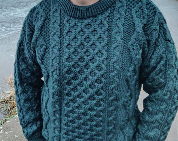 Traditional Aran Sweater - 100% pure new wool - bottle green / navy - chunky&heavy - MADE IN IRELAND - ready for shipping