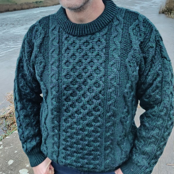 Traditional Aran Sweater - 100% pure new wool - bottle green / navy - chunky&heavy - MADE IN IRELAND - ready for shipping