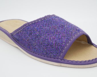 Womens Irish tweed & leather slippers - open toes - purple herringbone - house shoes - HANDMADE IN IRELAND
