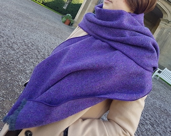 Irish tweed shawl, oversized scarf, stole - purple herringbone - 100% pure new wool - hand fringed - HANDMADE IN IRELAND