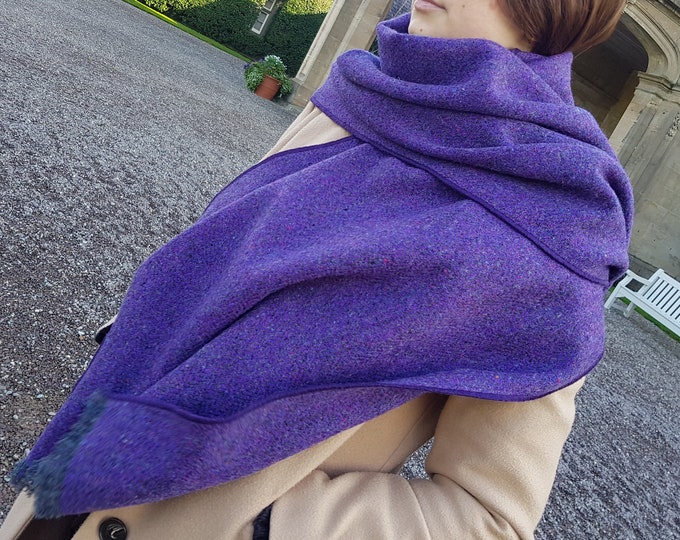 Irish tweed shawl, oversized scarf, stole - purple herringbone - 100% pure new wool - hand fringed - HANDMADE IN IRELAND