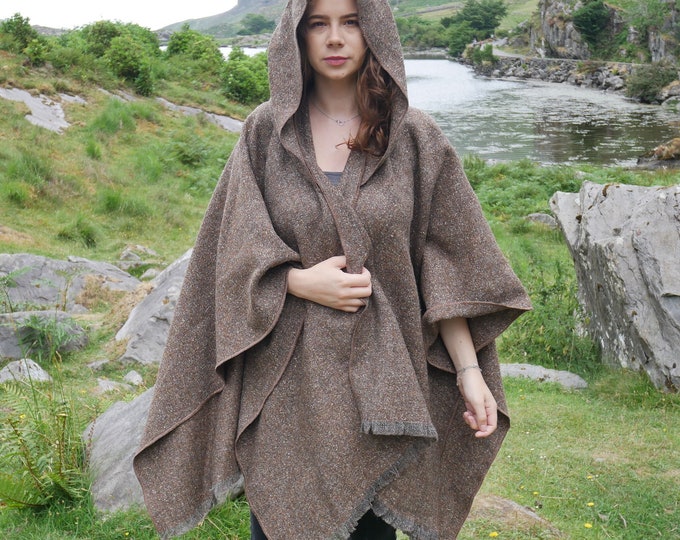 Irish Donegal Tweed Hooded Cape, Ruana, Cloak, Robe - Brown/Grey Salt&Pepper - Medium/Heavy Tweed - 100% Pure New Wool - HANDMADE IN IRELAND