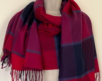 Extra Fine Supersoft Merino Wool Wrap, Shawl, Oversized Scarf, Stole, - Navy Red Purple Block Check  - HANDMADE IN IRELAND