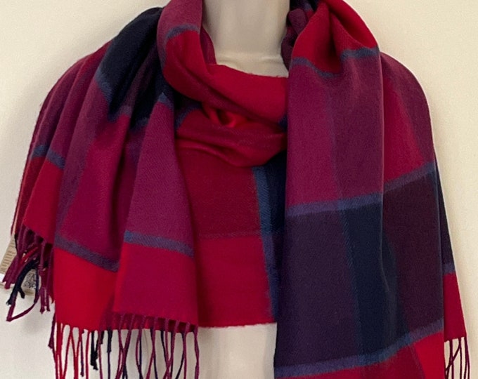 Extra Fine Supersoft Merino Wool Wrap, Shawl, Oversized Scarf, Stole, - Navy Red Purple Block Check  - HANDMADE IN IRELAND