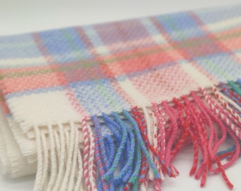 Baby blanket - Pure Merino Wool - supersoft - white/pink/blue/green tartan - plaid - check - 28" x 39" (70cm x 100cm) - MADE IN IRELAND