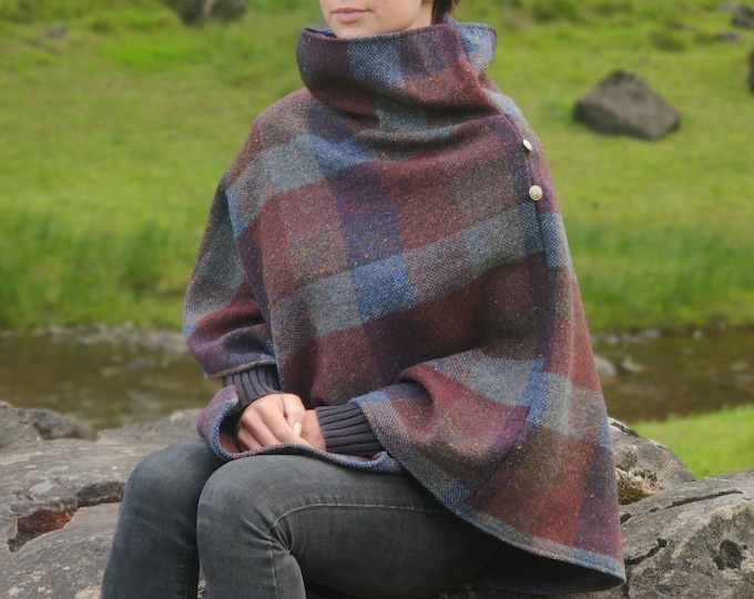 Irish Donegal tweed wool turtleneck poncho - burgundy/teal block check with fleck - speckled- 100% Pure New Irish Wool - HANDMADE IN IRELAND