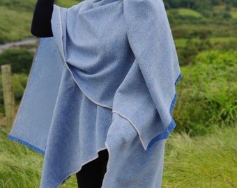 Irish wool ruana, wrap, cape, cloak  - blue/white chevron - 100% pure new wool - HANDMADE IN IRELAND