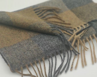 Irish Soft Lambswool scarf - 100% Pure New Wool -beige/mustard green/grey/charcoal  block check - very soft - unisex - HANDMADE IN IRELAND