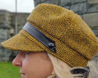 Ladies Tweed Biker Hat - Yellow Herringbone with Fleck/Speckled - 100% Pure New Wool - HANDMADE IN IRELAND