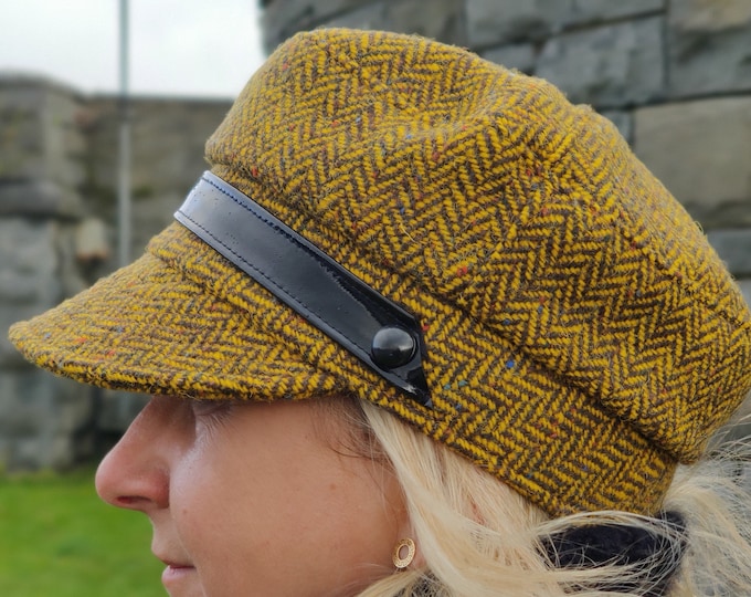 Ladies Tweed Biker Hat - Yellow Herringbone with Fleck/Speckled - 100% Pure New Wool - HANDMADE IN IRELAND