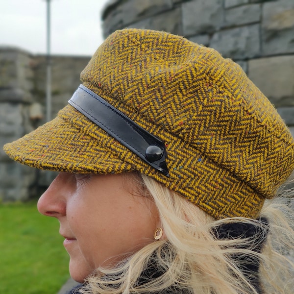 Ladies Tweed Biker Hat - Yellow Herringbone with Fleck/Speckled - 100% Pure New Wool - HANDMADE IN IRELAND