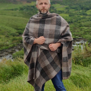 Irish Donegal Tweed Ruana, Wrap, Cape, Cloak - HEAVY TWEED - Beige/Brown/Grey Box Check - 100% Pure New Wool - Unisex - Handmade in Ireland