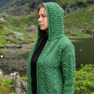 Irish Aran  Hooded Zipper Cardigan  - Celtic Green - 100% Pure New Wool - Really Warm And Chunky - Proper Aran - MADE IN IRELAND